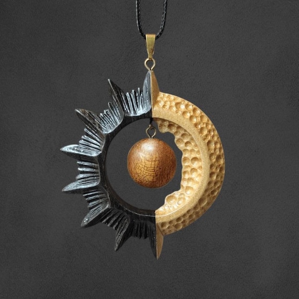 Wood Eclipse Necklace | Hand Carved Sun and Moon Pendant | Celestial Bog Oak & Maple Jewelry | Unique Astronomy Gift