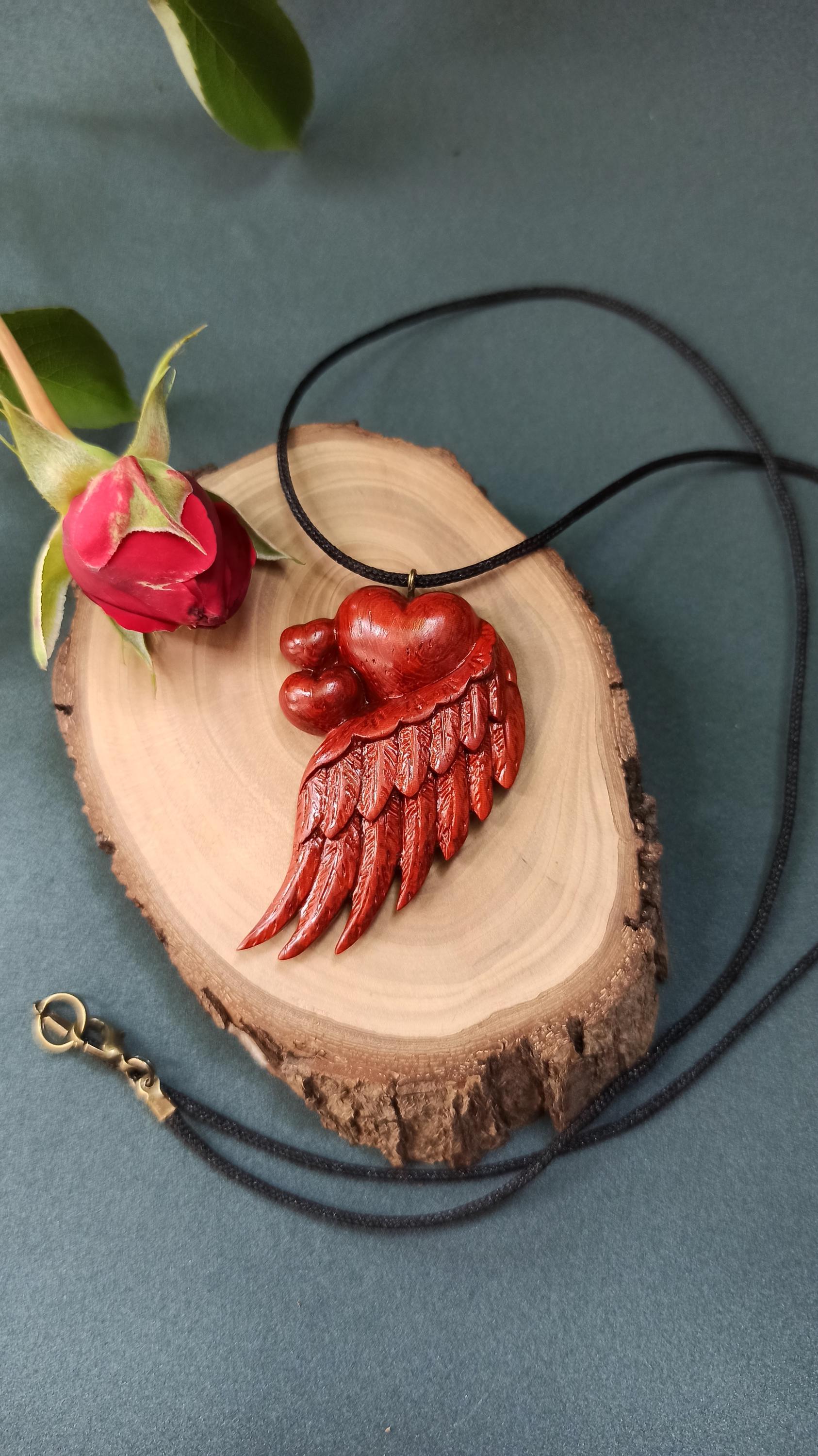 Wooden Handmade Angel Wing Heart Pendant, Golden maple, Padauk, Basswood, Linden, Customization - Thumbnail 2