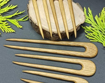Minimalist Oak Hair Fork Set of 5 | Hand Carved U-Shaped Bun Holder, Wooden Hair Pin Collection