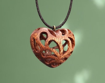 Wooden Handmade Pendant Openwork Heart, Mahogany, Bog oak, Maple, Amaranth, Rosewood, Customization
