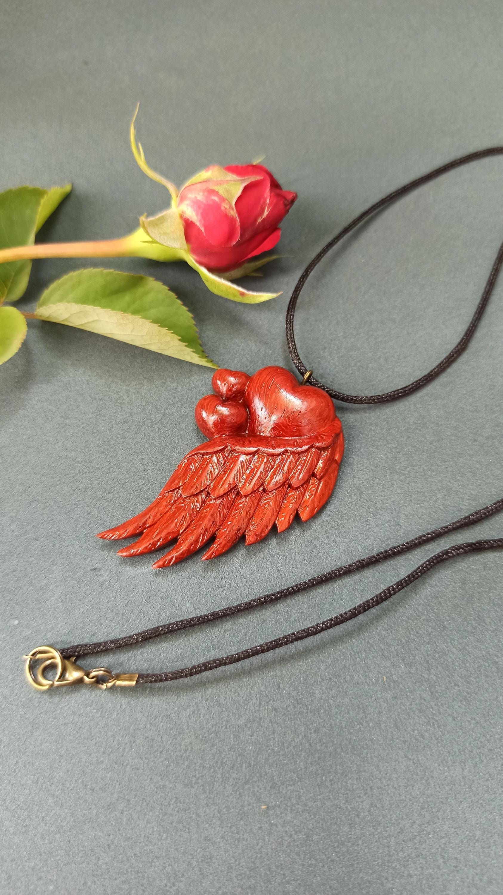 Wooden Handmade Angel Wing Heart Pendant, Golden maple, Padauk, Basswood, Linden, Customization - Thumbnail 3