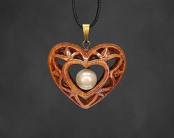 Carved Mahogany Wood Heart Necklace with Pearl, Openwork Sapele Pendant, Romantic Anniversary Gift for Her