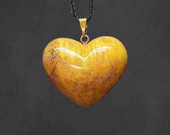 Hand Carved Acacia Burl Heart Necklace | 3D Golden Wood Pendant | Romantic 5th Anniversary Gift for Her