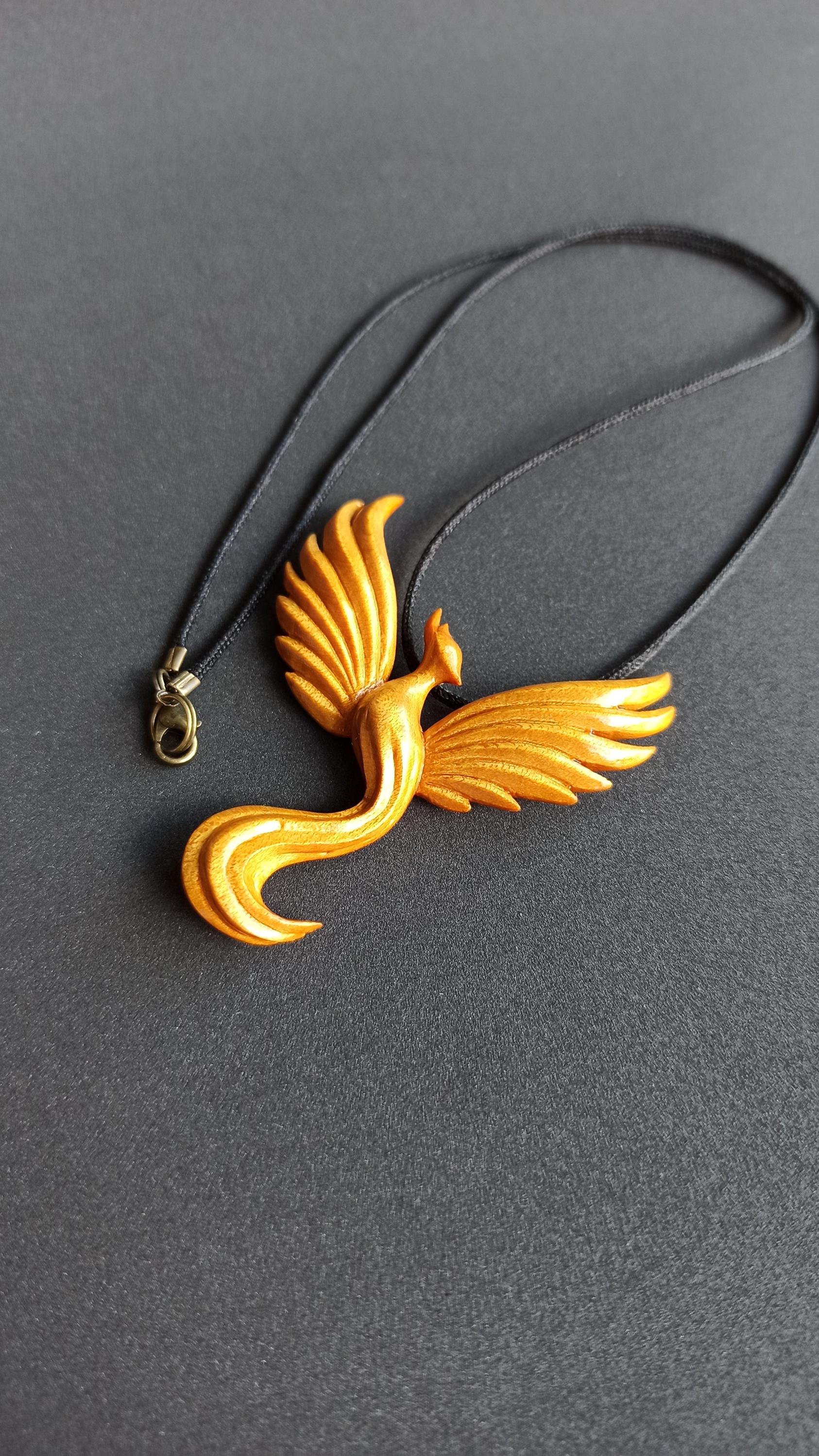 Wooden Handmade Phoenix Pendant, Golden maple, Rosewood, Amaranth, Padauk, Customization - Thumbnail 3