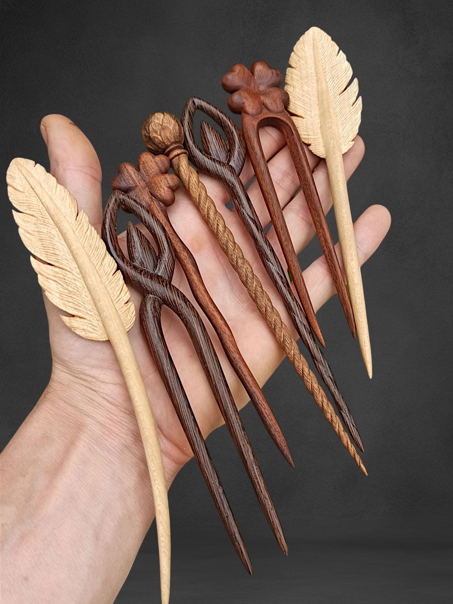 Nature's Hairpin Wooden Handmade Collection, Feather Maple, Droplet Wenge, Shamrock Rosewood, Pinecone European Walnut, Hair Stick Bun Pin - Thumbnail 2