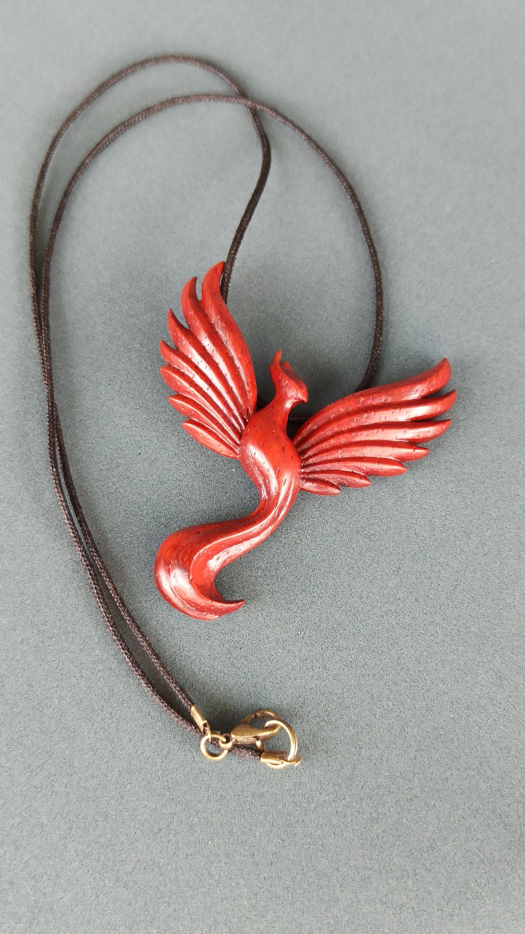 Wooden Handmade Phoenix Pendant, Padauk,Amaranth, Rosewood, Golden maple, Customization - Thumbnail 2