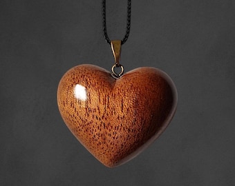 Hand Carved Sapele Mahogany Heart Necklace | Puffy Wood Pendant on Cord | Minimalist 5th Anniversary Gift for Her | Romantic Wooden Jewelry