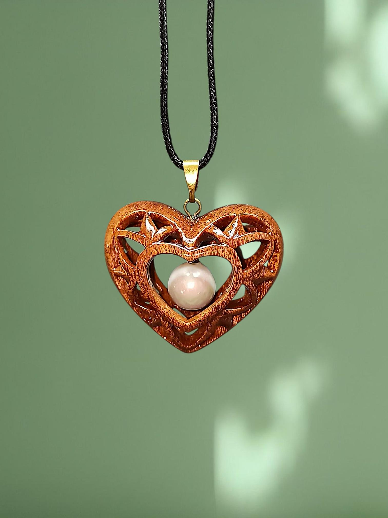 Carved Sapele Wood Heart Necklace with Pearl, Openwork Mahogany Pendant, Romantic Anniversary Gift for Her - Thumbnail 7