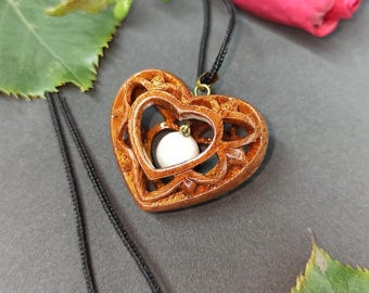 Carved Sapele Wood Heart Necklace with Pearl, Openwork Mahogany Pendant, Romantic Anniversary Gift for Her