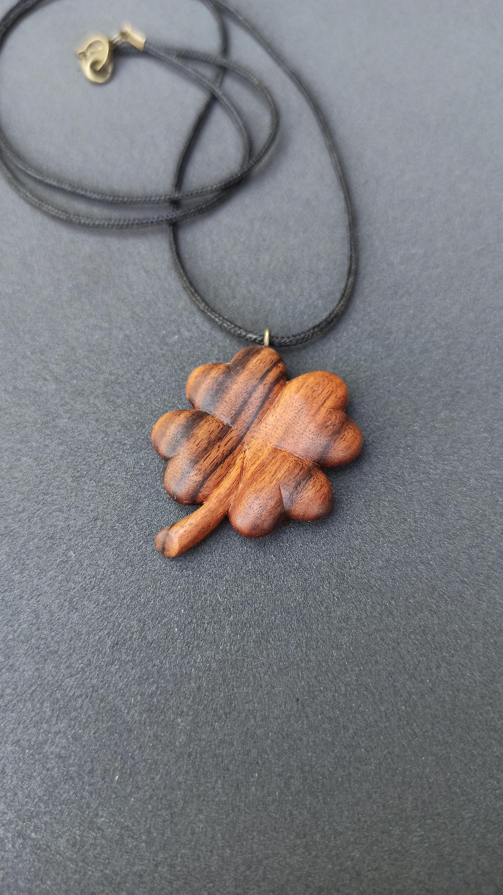 Shamrock Handmade Wooden Pendant, Rosewood, Four-Leaf Clover, Customization - Thumbnail 2