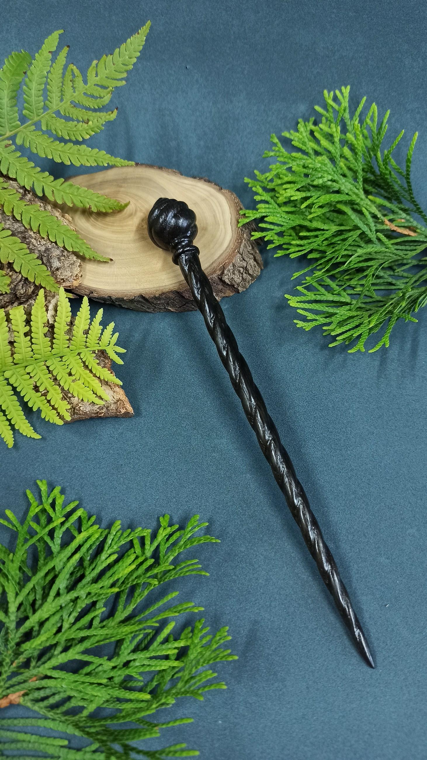 Hand Carved Bog Oak Hair Stick, Spiral Wood Hair Pin, Dark Academia Accessory, Choice of 7 Woods & Full Set - Thumbnail 3