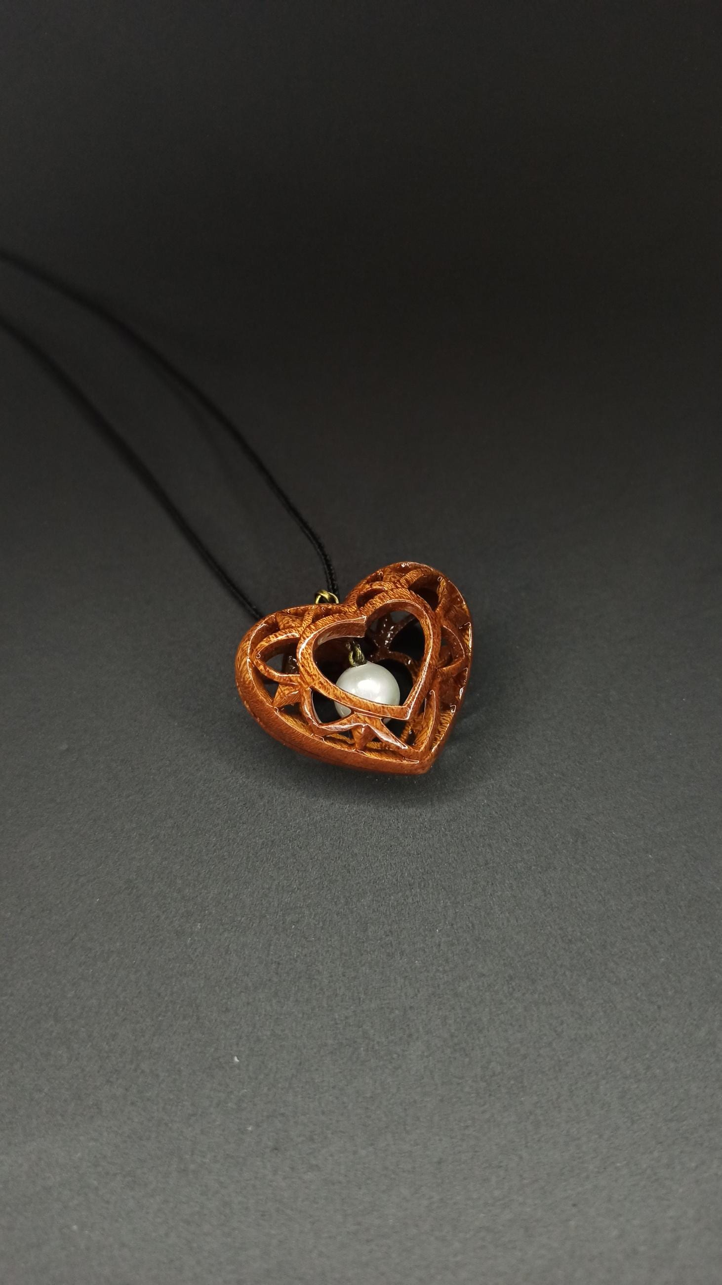 Carved Sapele Wood Heart Necklace with Pearl, Openwork Mahogany Pendant, Romantic Anniversary Gift for Her - Thumbnail 6