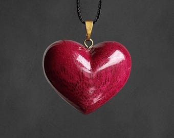 Hand Carved Amaranth Heart Necklace | 3D Purpleheart Wood Pendant | Romantic 5th Anniversary Gift for Her