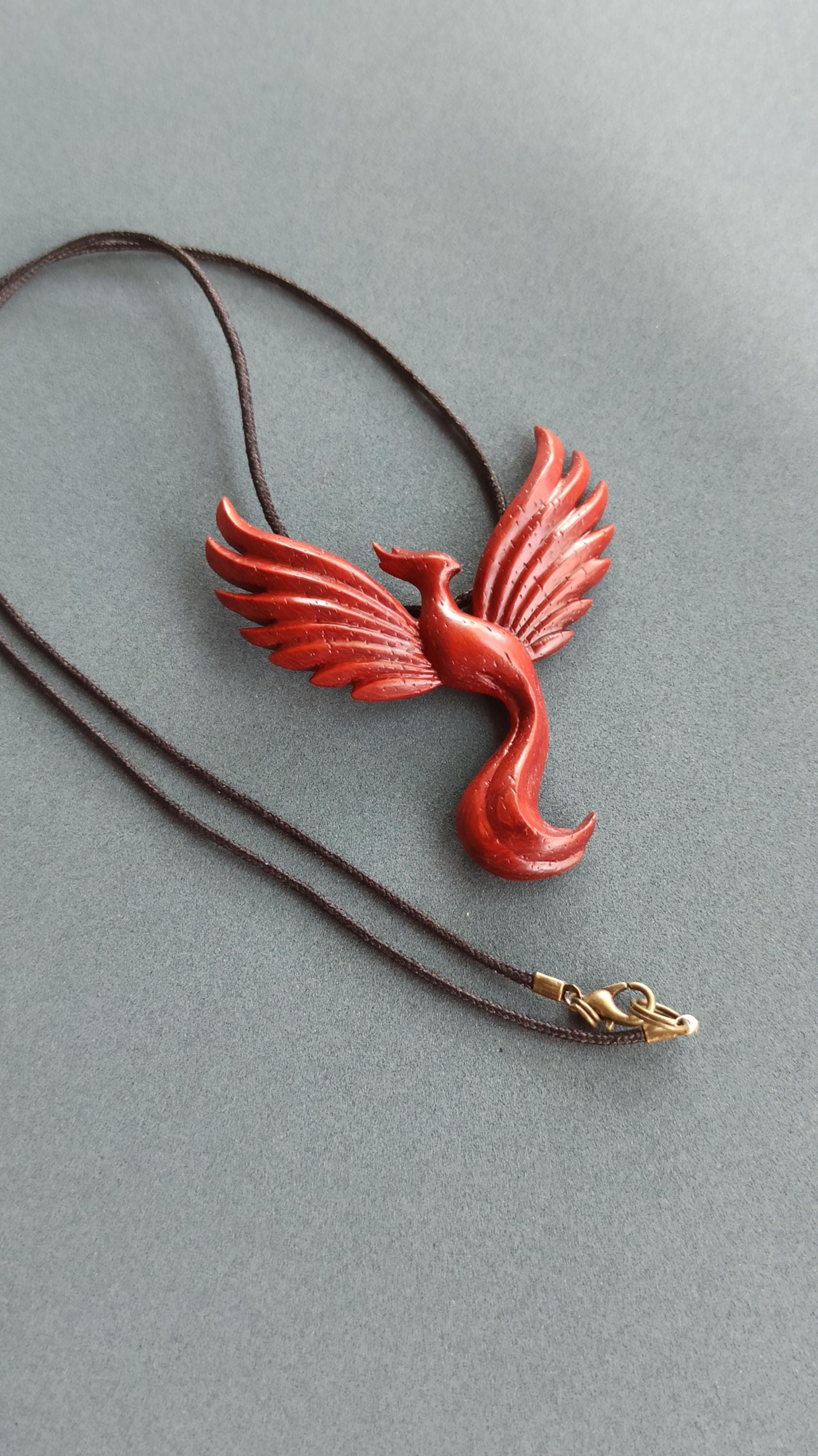 Wooden Handmade Phoenix Pendant, Padauk,Amaranth, Rosewood, Golden maple, Customization - Thumbnail 3