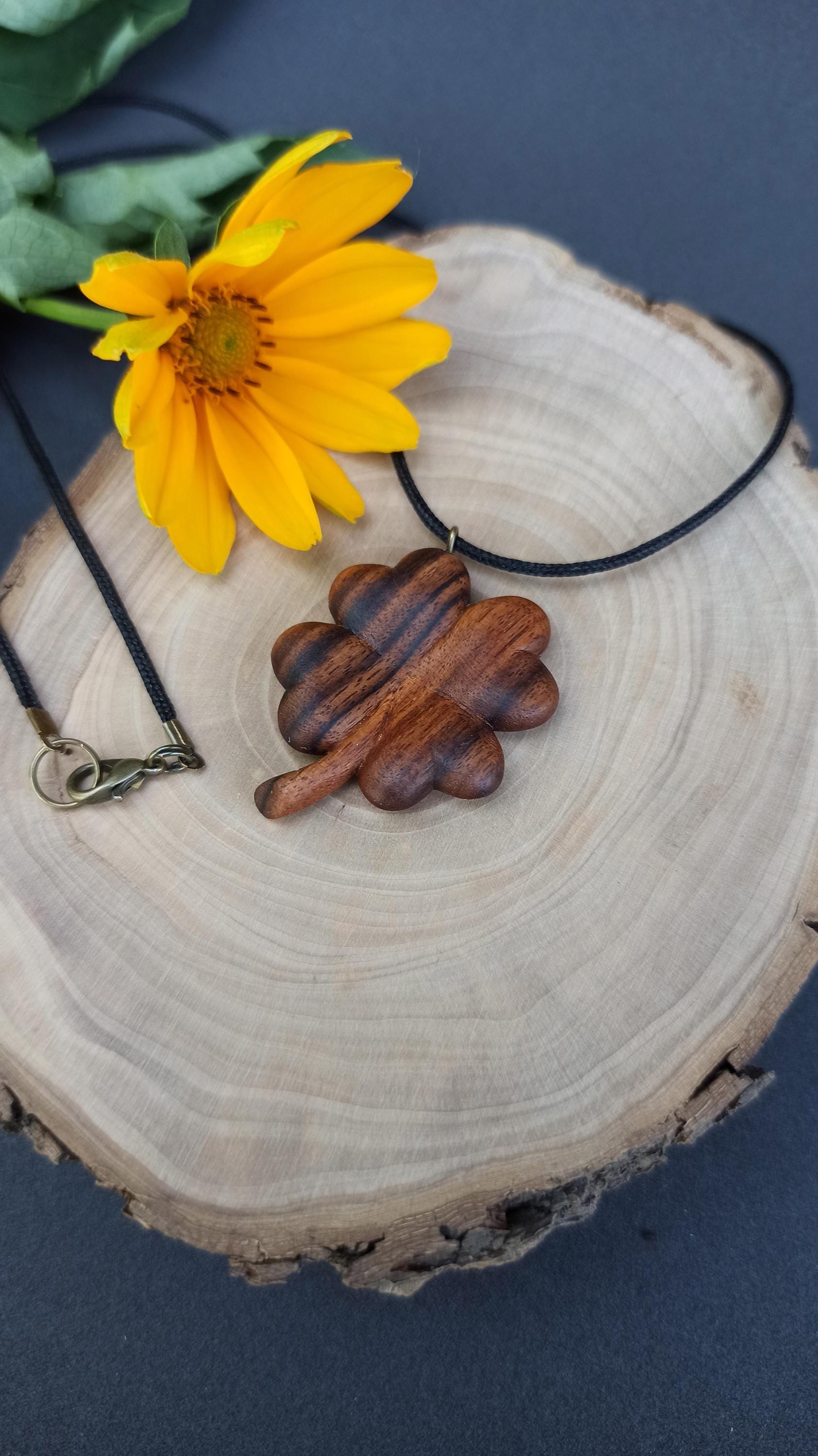 Shamrock Handmade Wooden Pendant, Rosewood, Four-Leaf Clover, Customization - Thumbnail 6