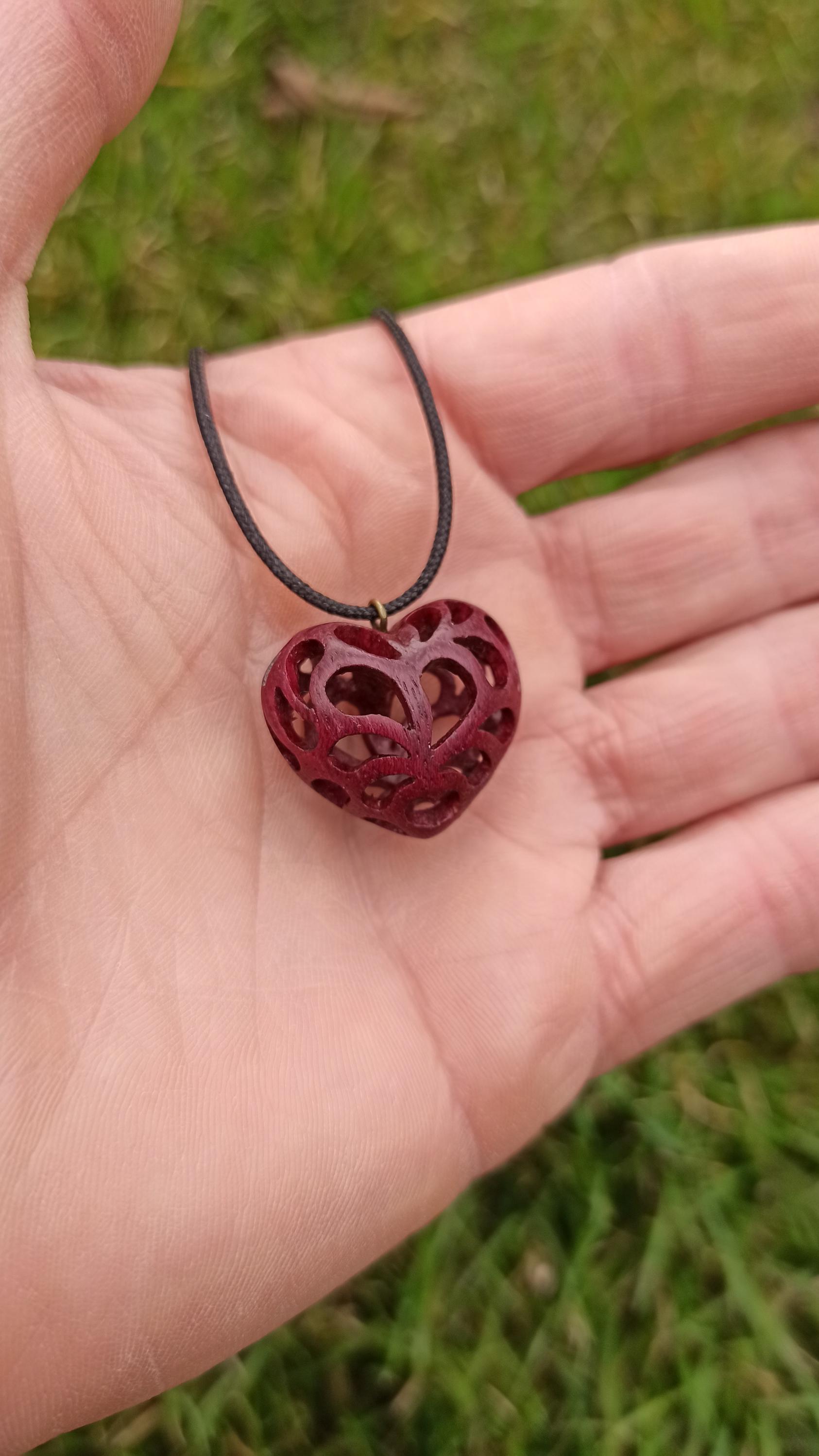 Wooden Handmade Pendant Openwork Heart, Amaranth, Mahogany, Bog oak, Maple, Rosewood, Customization - Thumbnail 4
