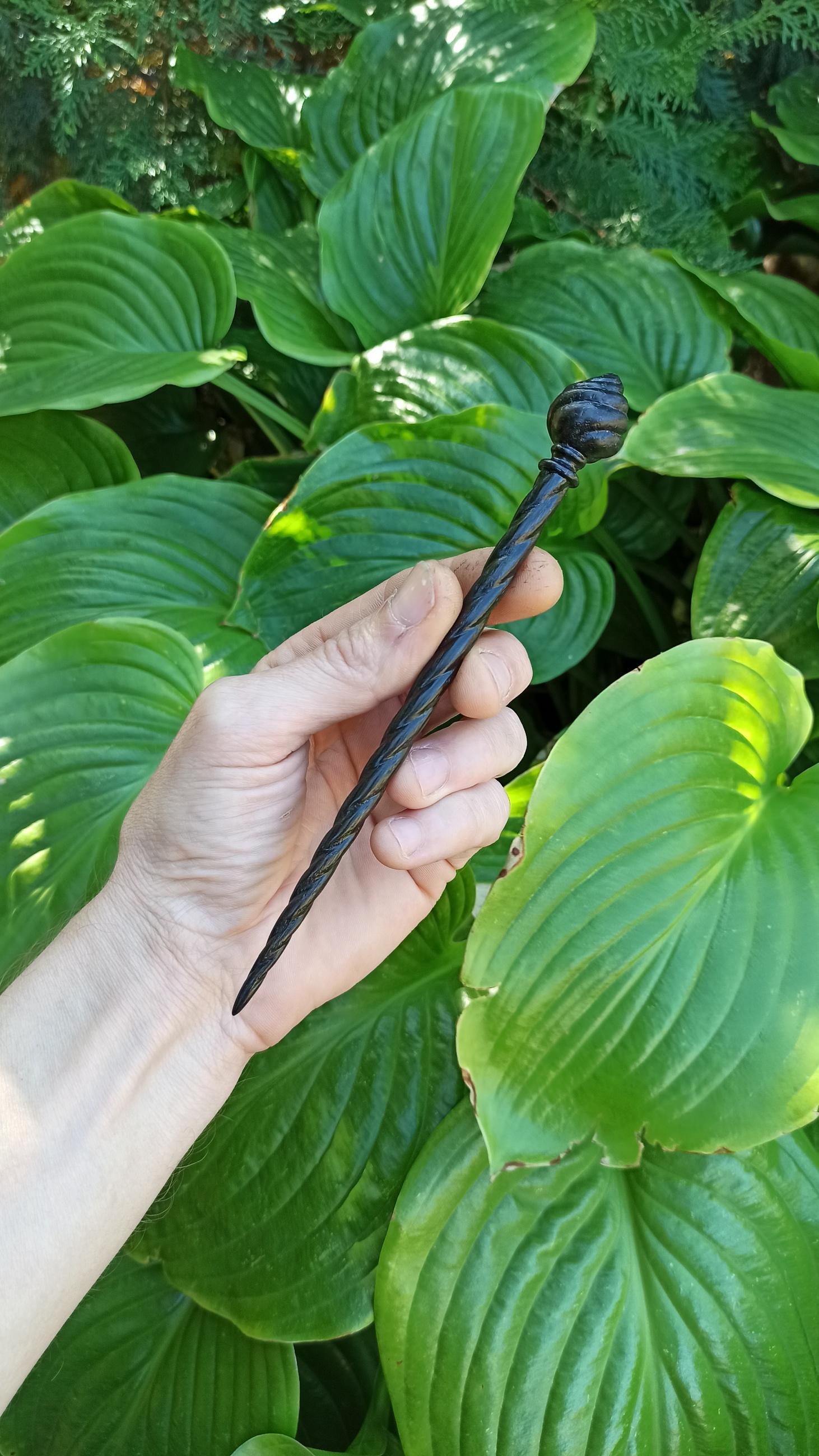 Hand Carved Bog Oak Hair Stick, Spiral Wood Hair Pin, Dark Academia Accessory, Choice of 7 Woods & Full Set - Thumbnail 5