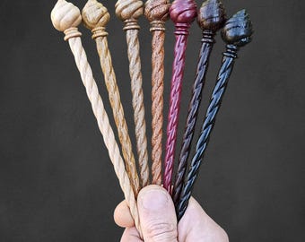 Complete Set of 7 Wood Hair Sticks | Hand Carved Spiral Pin Collection, Luxury Artisan Gift & Choice of Woods
