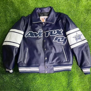 Avirex City Series Bronx-USA Jacket In Royal Blue Color with White Arm Stapes, Limited Edition American Bomber Leather Jacket, Gift For Him