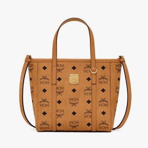 MCM ヴィセトス スモール コニャック モノグラム トートバッグ、レザー レディース トップハンドル クロスボディ ショルダーバッグ