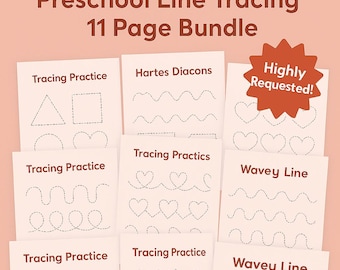 May include: A bundle of 11 preschool line tracing pages. The pages feature various shapes and patterns for tracing practice, including triangles, squares, hearts, and wavy lines. The text "Highly Requested!" is on a red starburst.