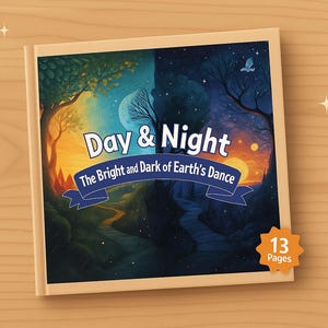 May include: A children's book titled "Day & Night: The Bright and Dark of Earth's Dance." The cover features a split illustration of day and night scenes with trees, a path, and the moon and sun. The book has 13 pages.