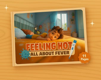 Könnte beinhalten: Ein Kinderbuchcover mit dem Titel "FEELING HOT ALL ABOUT FEVER". Die Illustration zeigt ein Cartoon-Kind auf einem Bett, ein Thermometer und ein Virus-Symbol. Das Buch hat 11 Seiten.