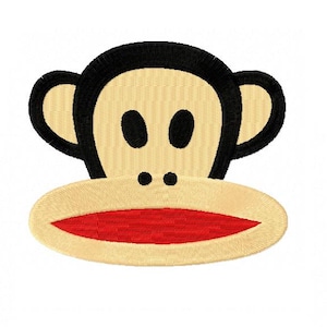 May include: Embroidered patch featuring a cartoon monkey face. The monkey has a tan face, black eyes, ears, and a red open mouth. The patch is designed to be sewn or ironed onto fabric.