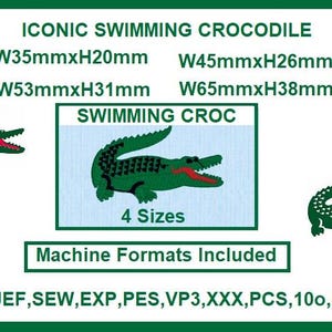 May include: Image of a green crocodile design with a red mouth, labeled "SWIMMING CROC." Text includes "ICONIC SWIMMING CROCODILE" and dimensions in mm: W35mmxH20mm, W45mmxH26mm, W53mmxH31mm, and W65mmxH38mm. It also states "Machine Formats Included."