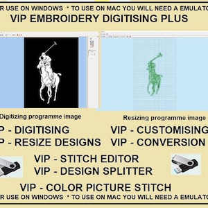 Peut inclure: Publicité pour un logiciel de broderie numérique. L'image présente deux interfaces de programme avec un logo de joueur de polo. Le texte comprend "VIP EMBROIDERY DIGITISING PLUS", "Numérisation", "Redimensionnement" et des fonctionnalités.