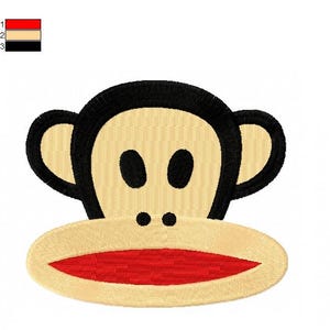 May include: Embroidered patch featuring a cartoon monkey face. The monkey has a tan face, black eyes and ears, and a red mouth. The patch is likely for clothing or accessories, adding a playful touch to any item.