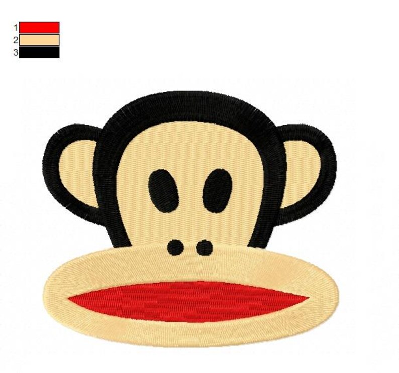 May include: Embroidered patch featuring a cartoon monkey face. The monkey has a tan face, black eyes and ears, and a red mouth. The patch is likely for clothing or accessories, adding a playful touch to any item.