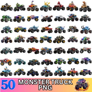 Könnte beinhalten: Eine Sammlung von 50 Monster Truck PNG-Bildern, jedes mit einzigartigen Designs und Farben. Die Trucks zeigen verschiedene Themen, darunter Zeichentrickfiguren und benutzerdefinierte Grafiken, alle auf großen, robusten Reifen.