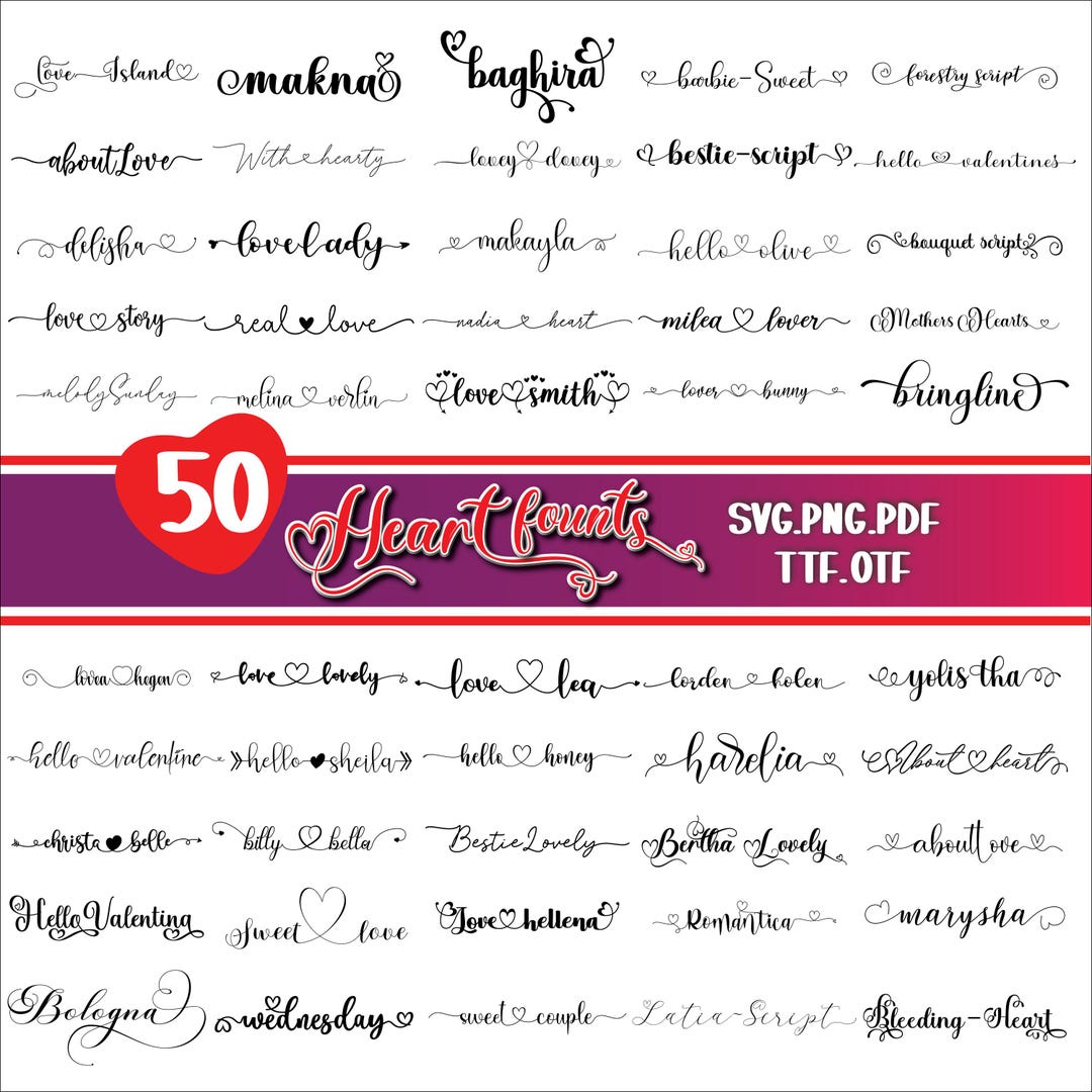 50 Heart Fonts Bundle | Romantic Script, Valentine's Day (SVG TTF OTF ...