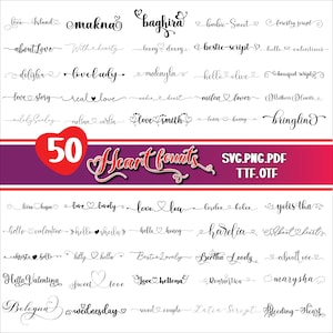 Pode incluir: Uma coleção de 50 fontes com tema de coração em vários estilos, incluindo fontes de script e decorativas. A imagem apresenta o texto "Heart Counts" e opções de tipo de arquivo: SVG, PNG, PDF, TTF e OTF. As fontes são em preto.