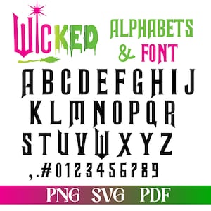 May include: A digital graphic with the word "Wicked" in pink and green, with a witch's broom. The words "ALPHABETS & FONT" are in green and pink. The alphabet and numbers are in a black, gothic font. The image also includes "PNG SVG PDF".