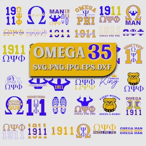 May include: A selection of digital graphics in blue and gold, featuring the Greek letters Omega and Psi, and the numbers 1911 and 35. Text includes "Omega Psi Phi" and "Every Woman Needs a Dawg!" in various designs.