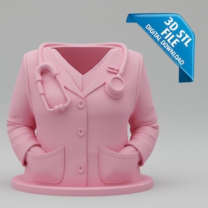 May include: A pink sculpture of a doctor's coat with a stethoscope, pockets, and buttons. The sculpture has a round base and a blue corner tag that says "3D STL FILE DIGITAL DOWNLOAD".