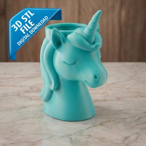 May include: A turquoise unicorn-shaped planter with a horn and flowing mane. The planter has a wide opening and the text "3D STL FILE DIGITAL DOWNLOAD" on a blue banner.