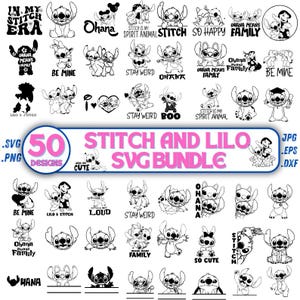 Puede incluir: Un conjunto de 50 diseños SVG de Stitch y Lilo en blanco y negro. Los diseños incluyen varias imágenes de Stitch, Lilo y frases como "Ohana", "Be Mine" y "Stay Weird". Formatos: JPG, EPS y DXF.