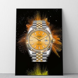 Artwork Inspired Golden Rolex Radiance Watch Wall Art | Modern Timepiece Wall Decor | Rolex Submariner Watch Advertising | Canvas or Poster