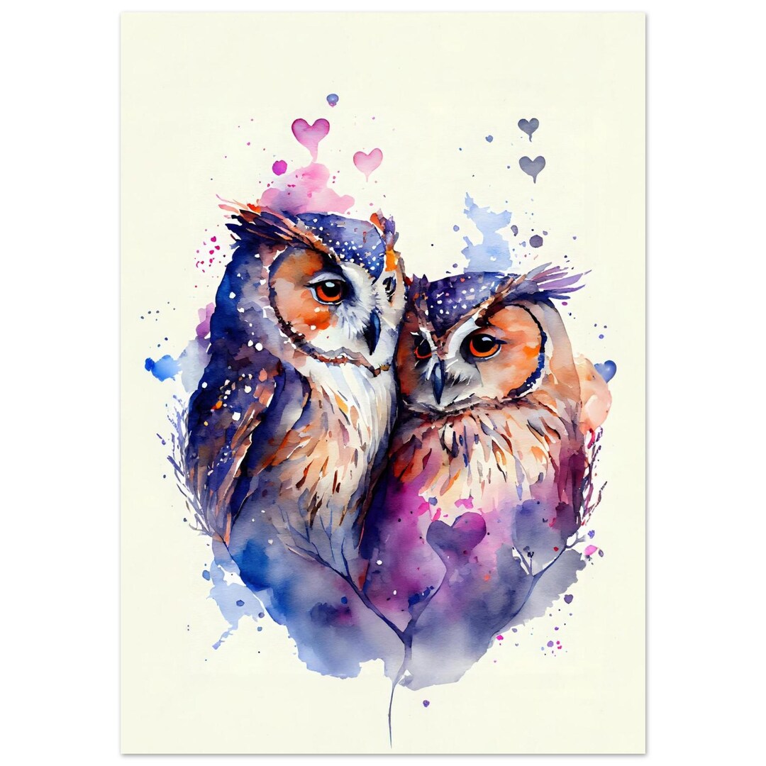 Romantic Owl Couple Wall Art | Watercolor Owl Painting | Love Birds ...
