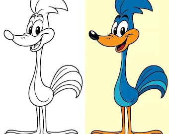 Könnte beinhalten: Eine Schwarzweiß-Zeichnung eines Roadrunner-Cartoons, neben einer farbigen Version desselben Roadrunners. Der farbige Roadrunner ist blau mit einem orangefarbenen Schnabel und Füßen.