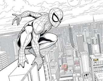 Könnte beinhalten: Schwarz-Weiß-Illustration von Spider-Man, der auf einem Gebäude hockt und eine Stadtlandschaft überblickt. Der Superheld befindet sich in einer klassischen Pose mit ausgestreckten Händen. Der Hintergrund zeigt Wolkenkratzer, Wolken und eine Sonne.