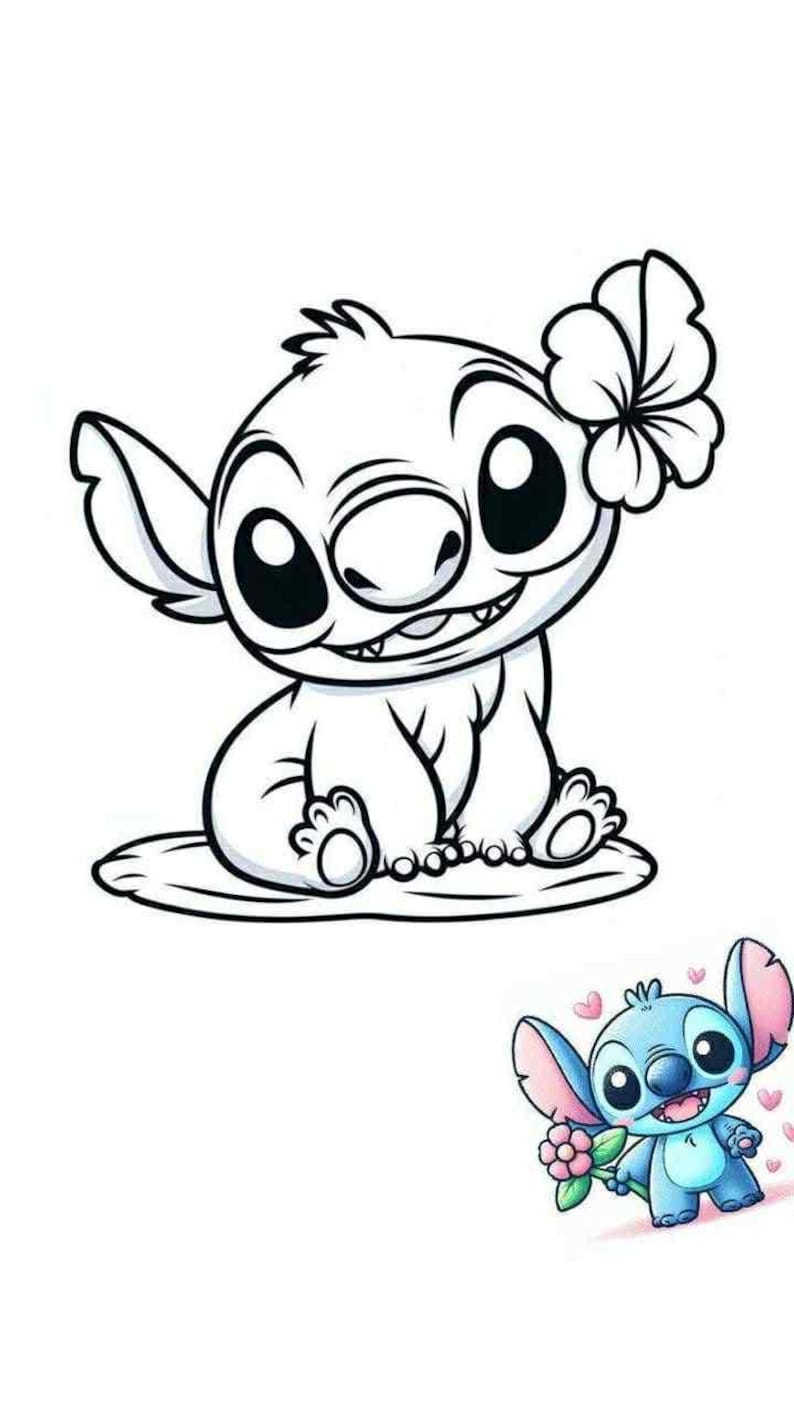 K&ouml;nnte beinhalten: Schwarz-Wei&szlig;-Cartoon-Illustration einer Figur mit gro&szlig;en Augen, einer Blume und einem freundlichen Ausdruck. Die Figur sitzt. Eine kleinere, farbige Version der Figur befindet sich in der unteren rechten Ecke und h&auml;lt Blumen.