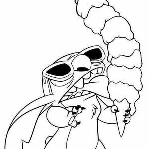 K&ouml;nnte beinhalten: Schwarz-Wei&szlig;-Cartoon-Illustration einer Figur mit Sonnenbrille, die eine gro&szlig;e Eist&uuml;te h&auml;lt. Die Figur hat gro&szlig;e Ohren und ein breites Grinsen, mit einem hohen Stapel Eiscreme.