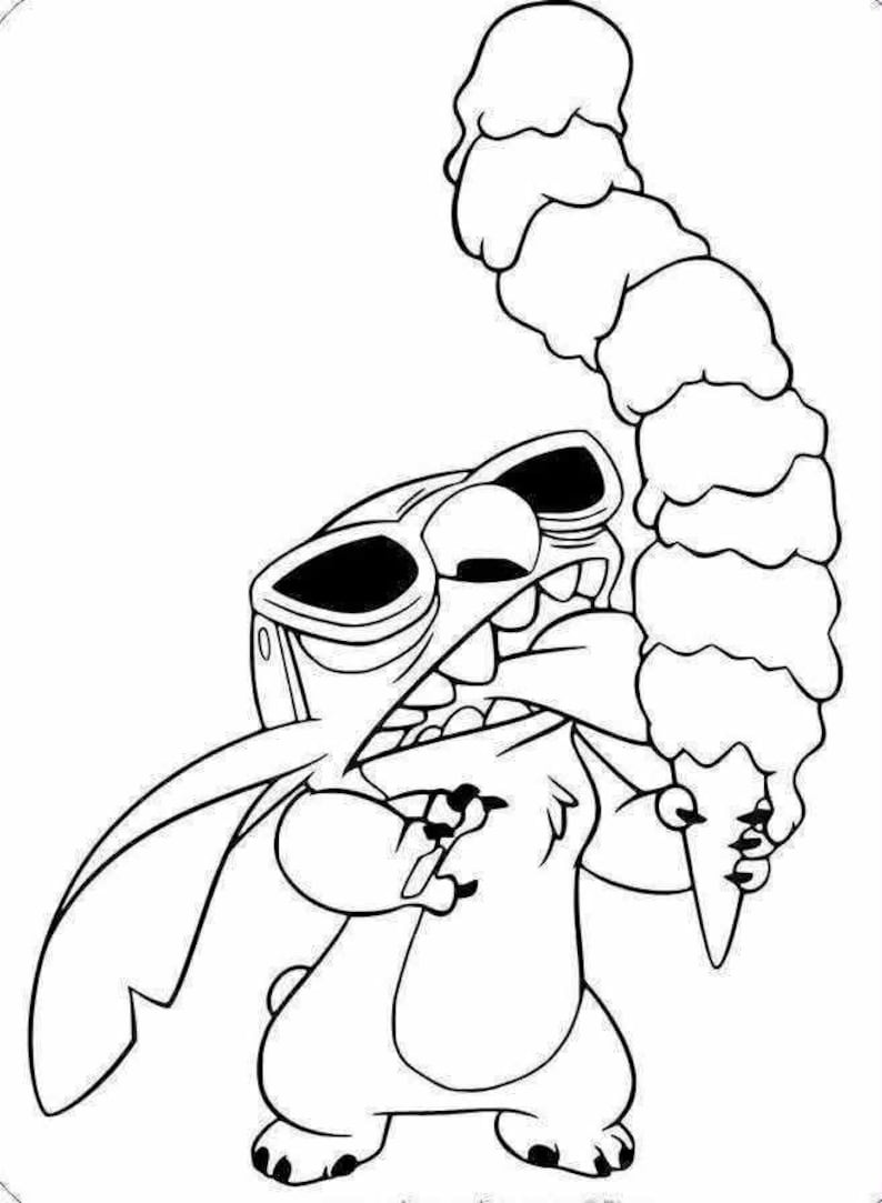K&ouml;nnte beinhalten: Schwarz-Wei&szlig;-Cartoon-Illustration einer Figur mit Sonnenbrille, die eine gro&szlig;e Eist&uuml;te h&auml;lt. Die Figur hat gro&szlig;e Ohren und ein breites Grinsen, mit einem hohen Stapel Eiscreme.