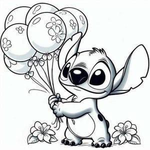 K&ouml;nnte beinhalten: Schwarz-Wei&szlig;-Illustration einer Zeichentrickfigur, die eine Reihe von Ballons h&auml;lt. Die Figur hat gro&szlig;e Augen und Ohren mit schwarzen Flecken. Die Ballons sind mit Blumenmustern verziert.