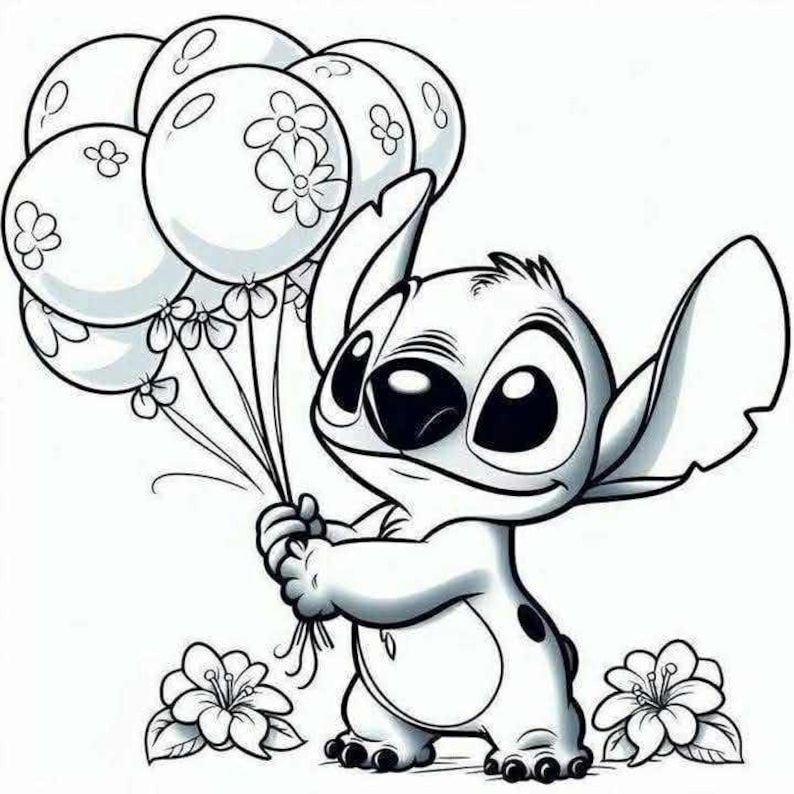 K&ouml;nnte beinhalten: Schwarz-Wei&szlig;-Illustration einer Zeichentrickfigur, die eine Reihe von Ballons h&auml;lt. Die Figur hat gro&szlig;e Augen und Ohren mit schwarzen Flecken. Die Ballons sind mit Blumenmustern verziert.