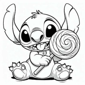 K&ouml;nnte beinhalten: Schwarz-Wei&szlig;-Cartoon-Illustration einer Figur, die einen Lolli h&auml;lt. Die Figur hat gro&szlig;e Augen, ein breites Grinsen und gro&szlig;e Ohren. Der Lolli hat ein Spiraldesign.
